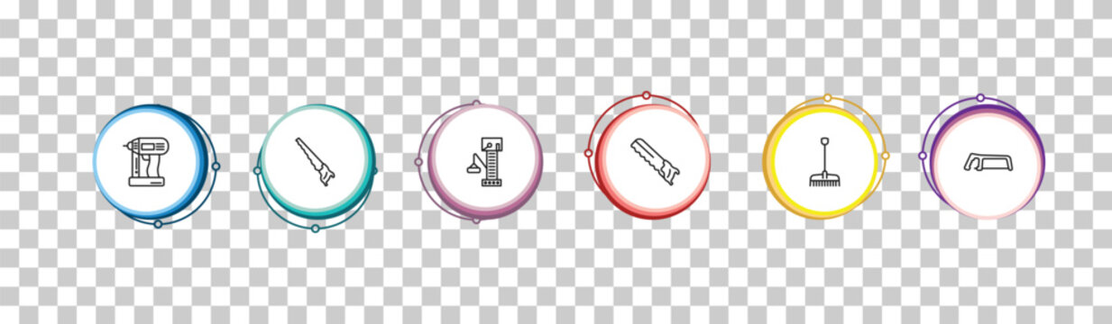 outline construction and tools icons set - nail gun, hand saw, big derrick with boxes, metal saw. editable vector for web and mobile ui