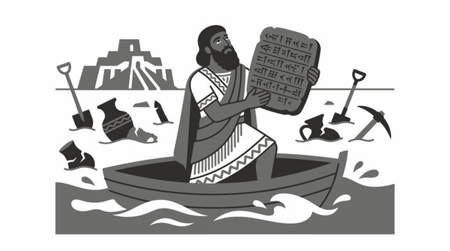 Ancient Man With Stone Tablet in Boat, Archaeological Discovery