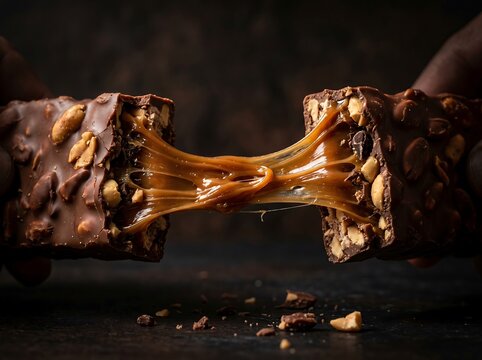 Delicious chocolate bar with peanuts and stretchy caramel pulled apart, closeup food photography