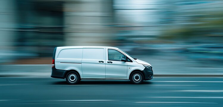 A white delivery van speeding down a blurred city street with motion blur, capturing a sense of speed