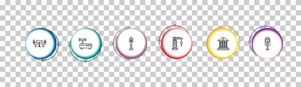 outline city elements icons set - chair and table, gat, street lamp, parking meter. editable vector for web and mobile ui