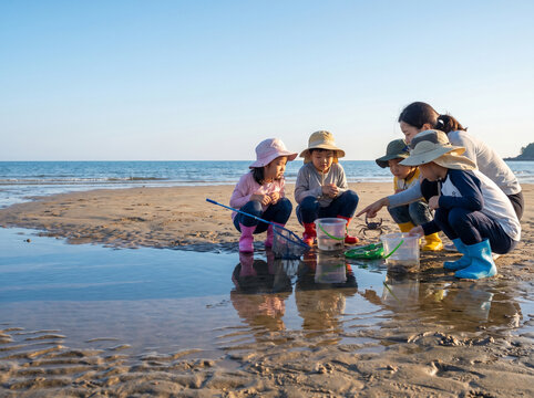 Children Joining Ocean Conservation Activity on Sunny Beach