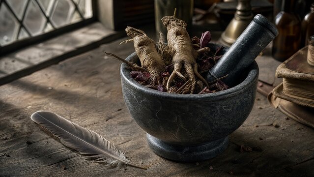 Stone mortar with mandrake roots and petals on a wooden table.