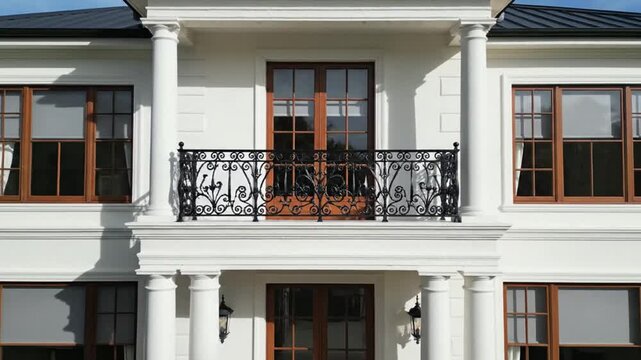 Traditional two-story white residential house featuring a dark black roof and prominent white pillars on the front porch, set against a clear blue sky with a green manicured lawn.