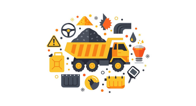 Flat Vector Illustration of Mining Dump Truck and Industrial Heavy Machinery Icon Set