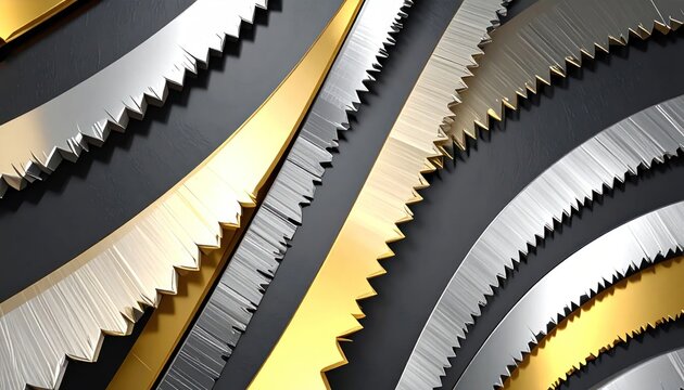 Abstract golden and silver serrated metallic ridges pattern background.