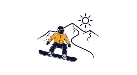 Fototapeta premium Man Riding Snowboard Down Mountain Slope.