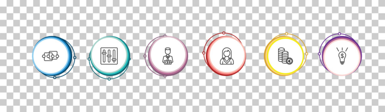 outline business icons set - points connected chart, tones, chief executive officer, ideas to earn money. editable vector for web and mobile ui