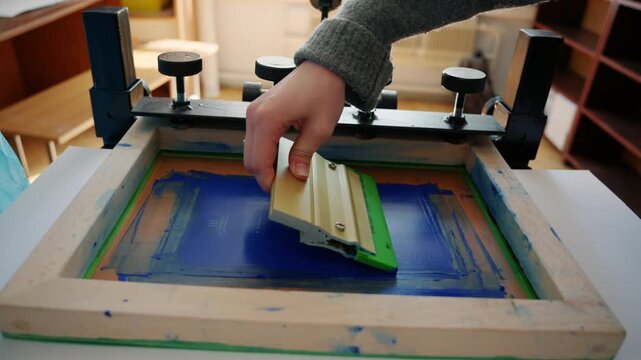 Worker using a squeegee to spread ink across a screen printing frame during textile production