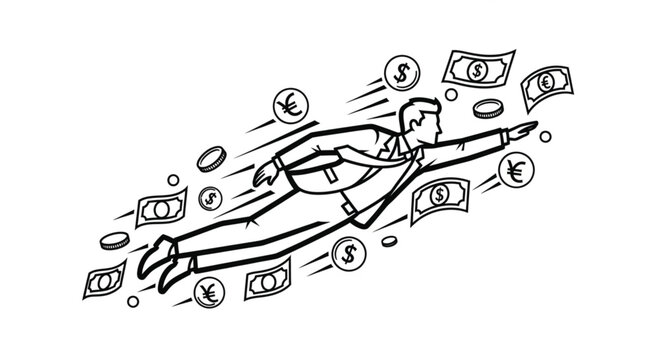 Man running with money and dollars.