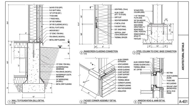 Architectural construction details sheet showing wall sections, cladding, steel column base, and window assembly