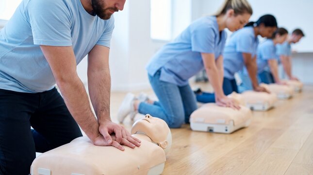 First aid training class showing people practicing cpr chest compressions on medical dummies