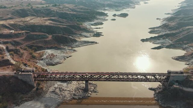 Khushal Garh  Railway bridge view from above Kohat city Khyber Pakhtunkhwa Pakistan. A historic dual-deck, steel truss bridge built in 1907 that crosses the Indus River.