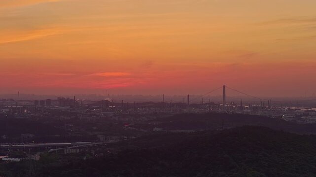 Aerial photography of urban landscapes and city skylines at sunset.
