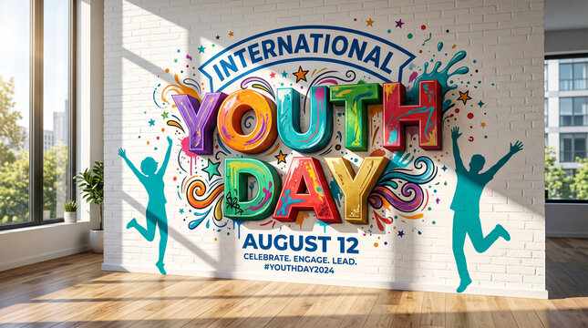 International youth day 2024 celebration poster with colorful 3d typography, graffiti style, and jumping silhouettes on a white brick wall background