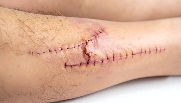 A close-up image of a person's leg with a long, stitched surgical incision and a bulging, possibly infected, area near the top of the wound