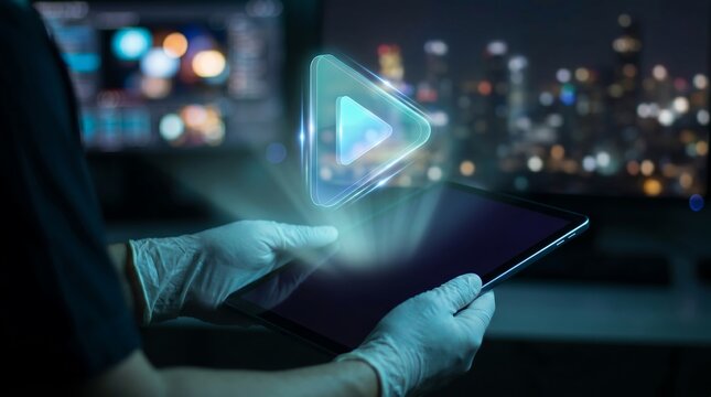 Person holding tablet with glowing video play button hologram concept