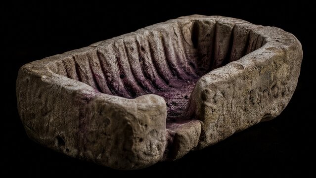 An ancient stone winepress basin with deep purple grape residue stains.