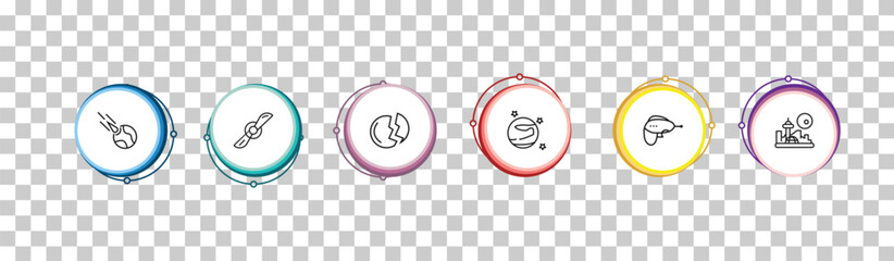 outline astronomy icons set - meteorite falling, airscrew, destroyed planet, space colony. editable vector for web and mobile ui © IconArt