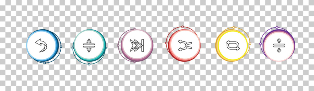 outline arrows icons set - left curve arrow, split vertical, skip track, vertical merge. editable vector for web and mobile ui
