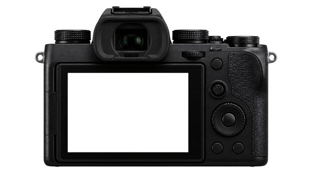 Black camera with blank white LCD screen isolated on transparent background
