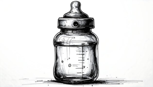 A clear glass baby bottle with a nipple and measurements