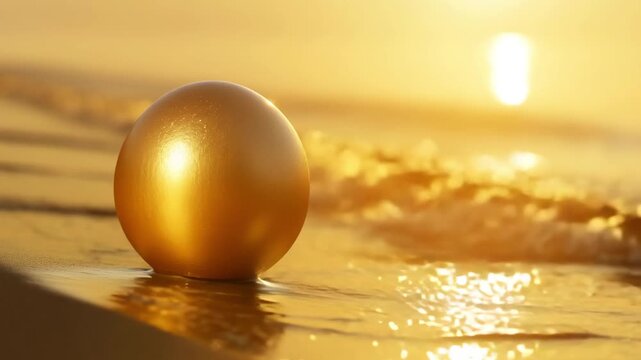 Golden pearl resting on wet sand during sunrise with gentle ocean waves