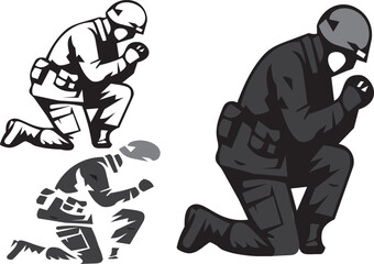 Obraz premium A soldier in uniform kneels with hands clasped in prayer.