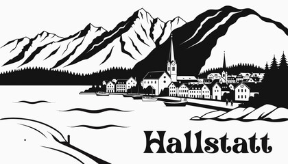 Fototapeta premium Very beautiful black-and-white engraved vector illustration featuring Hallstatt beside a serene lake, surrounded by alpine peaks, historic architecture, and picturesque Austrian scenery in refined mon