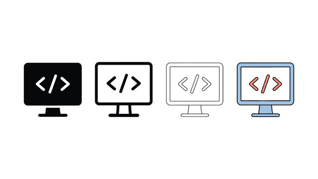 Computer Monitor with Programming Code Symbols Icon Set
