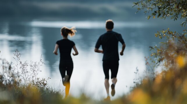 Two people run along a path by a river in the early morning light during a weekend outdoor exercise session