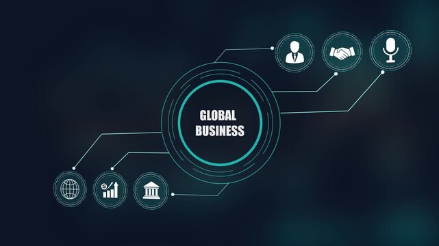Global business concept with corporate icons, digital technology background, international communication network integration concept.
