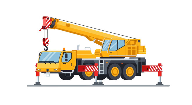 Yellow Mobile Crane Truck Vector Illustration - Heavy Lifting Construction Machinery Isolated on White Background