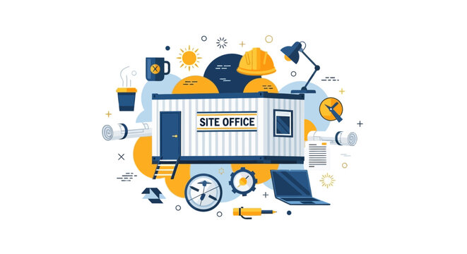 Construction Site Office Container Vector Illustration with Engineering, Architecture, and Project Management Icons