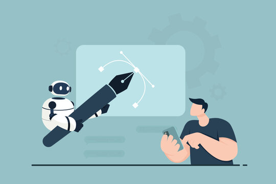 A flat minimalist vector illustration showing a person prompting an AI robot to create digital artwork. The robot is drawing a bezier curve on a large screen while receiving instructions from the user