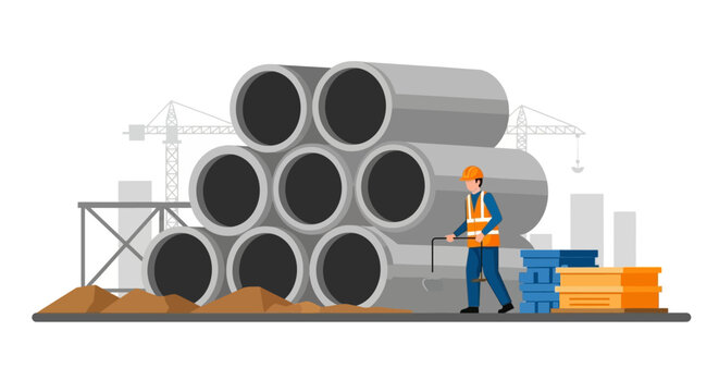 Construction worker at a building site with large stacked concrete pipes and industrial cranes vector illustration for infrastructure and urban development projects.