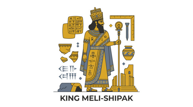 Ancient Babylonian King Meli-Shipak Illustration with Cuneiform Tablets and Artifacts