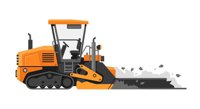 Orange Asphalt Milling Machine Illustration - Modern Cold Planer Heavy Equipment for Road Construction and Infrastructure Development isolated on White Background