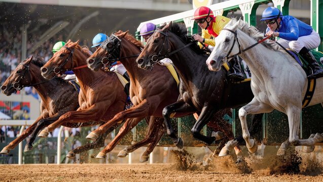 Thoroughbred Horse Race with Jockeys Sprinting on Dirt Track