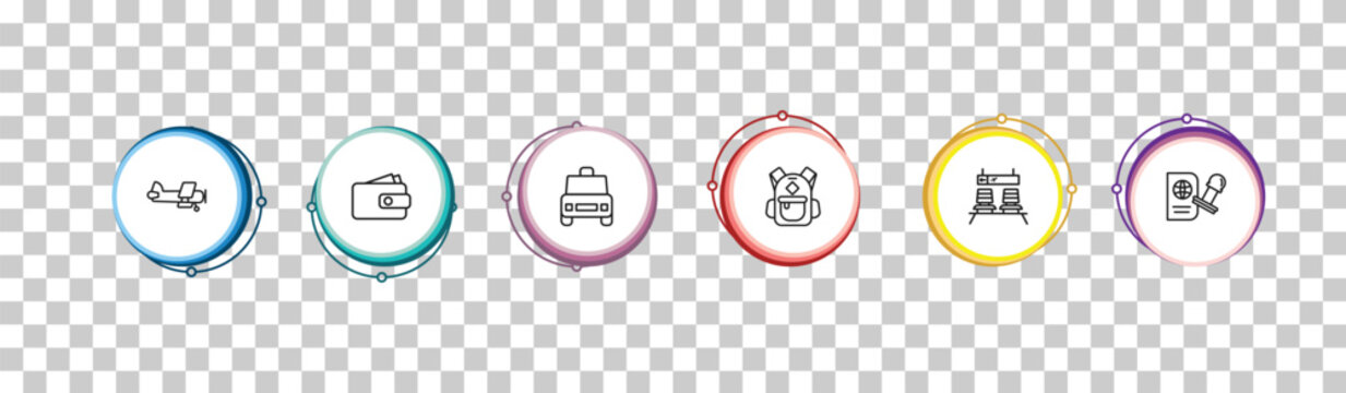 outline airport terminal icons set - old plane, purse with bill, airport taxi, stamp for passports. editable vector for web and mobile ui
