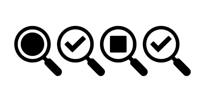 Magnifying Glass Icons with Check Marks and Empty Circles on White Background, Graphic Ui Symbols for Search Verification
