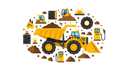 Naklejka premium Heavy Construction and Mining Machinery Set with Dump Truck, Excavator, and Gas Station Icons - Flat Vector Illustration on White Background