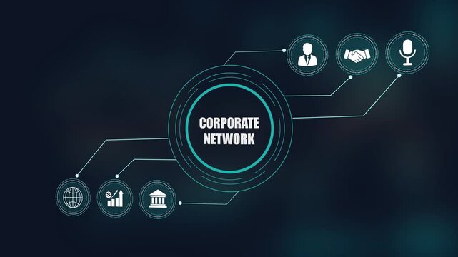 Corporate network concept with business icons, global technology data background, communication integration concept.