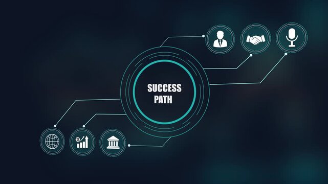 Success path concept with business icons, global corporate digital technology background, finance communication integration concept.