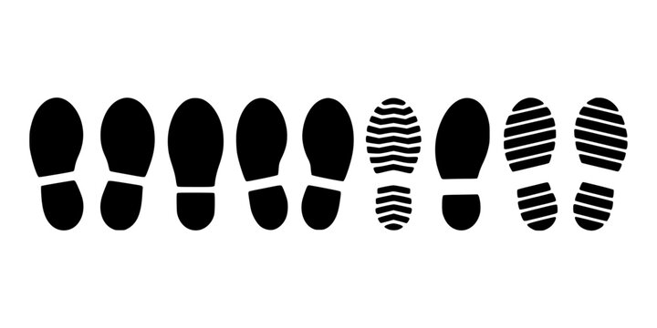 Footprints Vector Icons Set Showing Different Heel, Sole, and Tread Patterns for Walking and Tracking