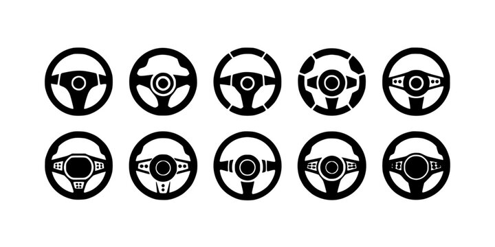 Steering Wheels with Various Designs and Features in Black and White Featuring Vehicle, Car, Driving with Automobile and Wheel Elements for Control