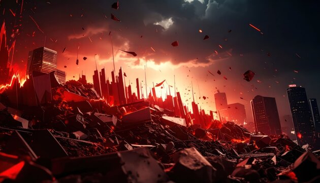 Apocalyptic city ruins under a dramatic red glowing sky.