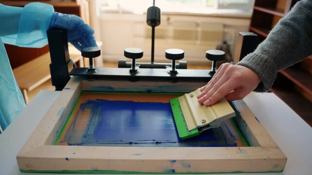 Worker using a squeegee to spread ink across a screen printing frame during textile production