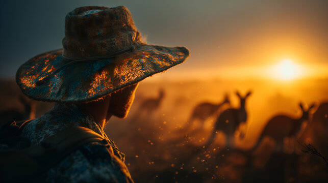 Man in Hat Watching Kangaroos at Sunset in the Australian Outback