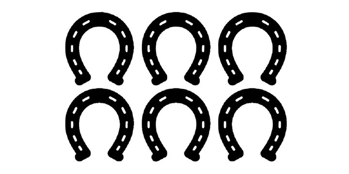 Horseshoe Icons Set of Nine White Outlined Symbols with Black Border Dots, Minimal Lucky Charm Design for Web and Print
